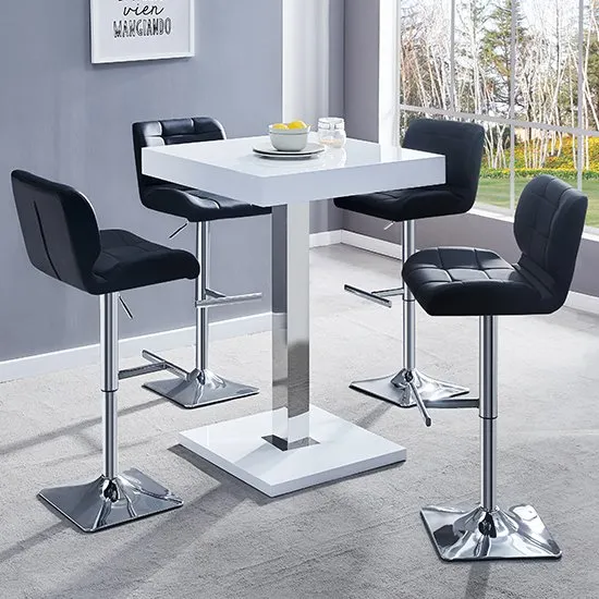 Topaz White Gloss Bar Table With 4 Candid Black Bar Stools