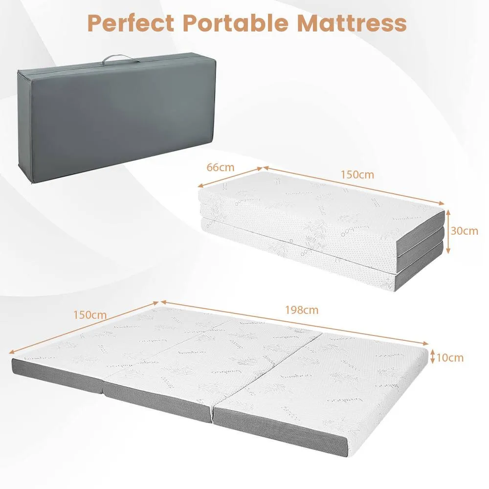 Costway King Size 10 cm Folding Gel-Infused Tri-fold Mattress Topper Carry Bag RV Camp in White 2