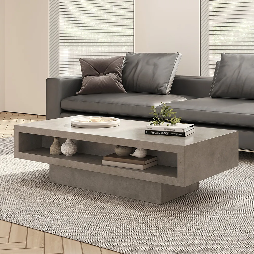 Japandi Rectangle Concrete Grey Coffee Table with 2 Drawers & Open Storage