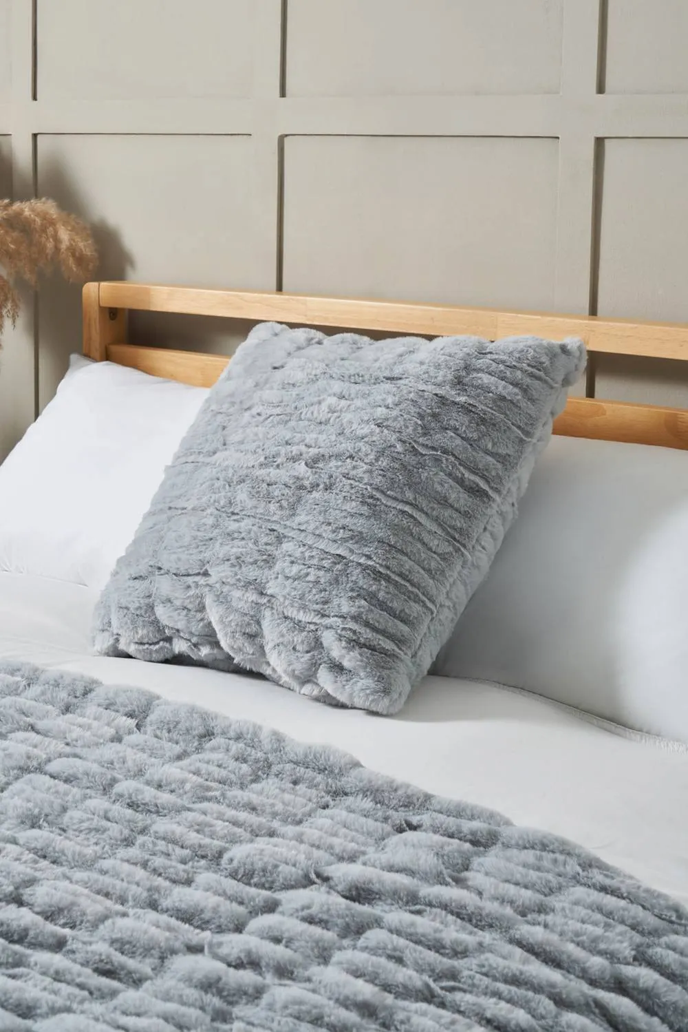 BHS Ruched Faux Fur Cushion in Grey