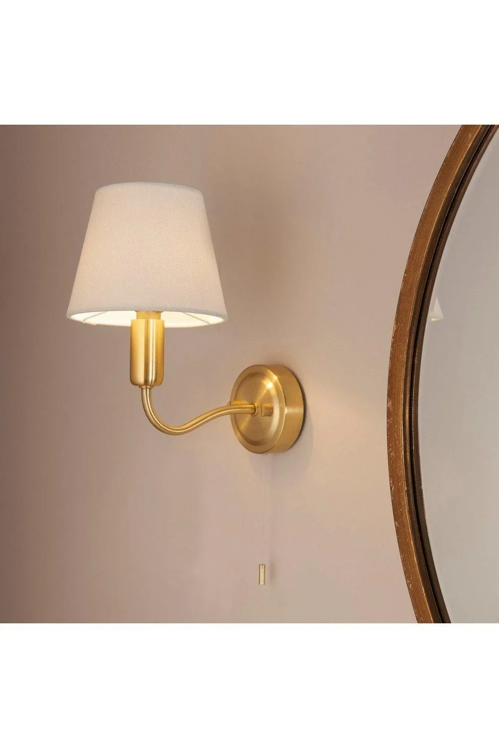 Netlighting Conway Classic Wall Lamp Satin Brass with Ivory Tapered Shade & Pull Cord Switch IP44 in Gold 2