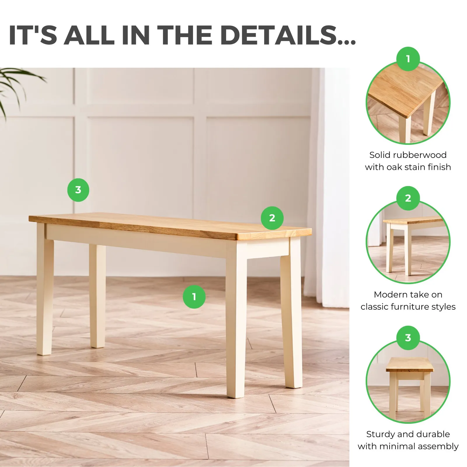FurnitureboxUK Tenby Small Cream & Oak Coloured Wooden Dining Bench in Light Oak 5