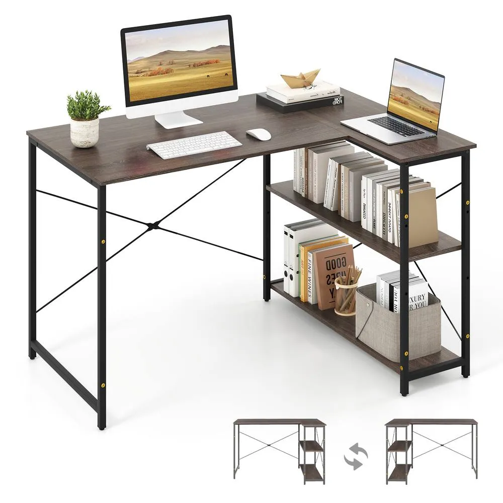 Costway L-shaped Computer Desk Reversible Corner Desk w/Adjustable Shelf-Grey in Grey 5