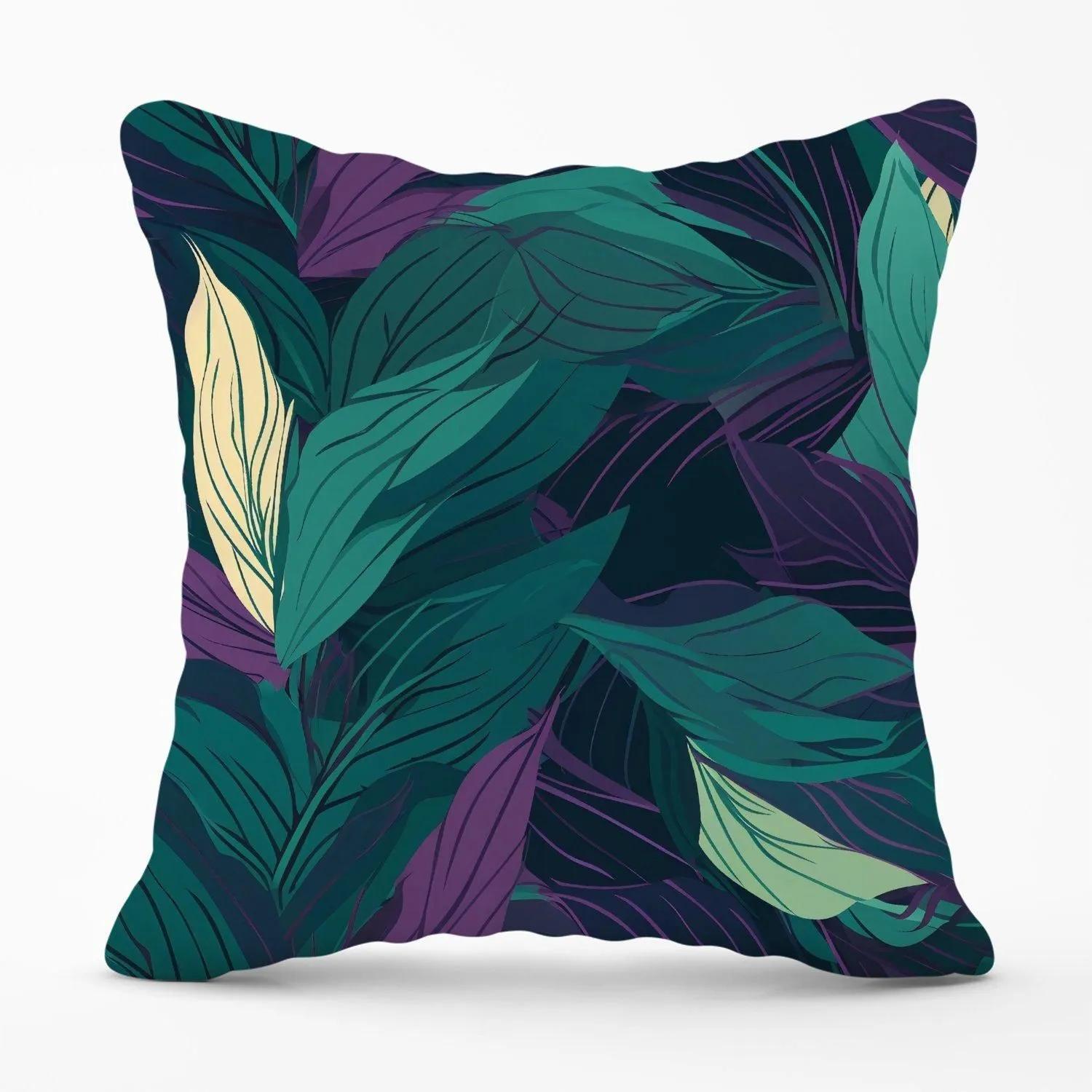 Warren Reed - Designer Green Purple Tropical Leaves Outdoor Cushion