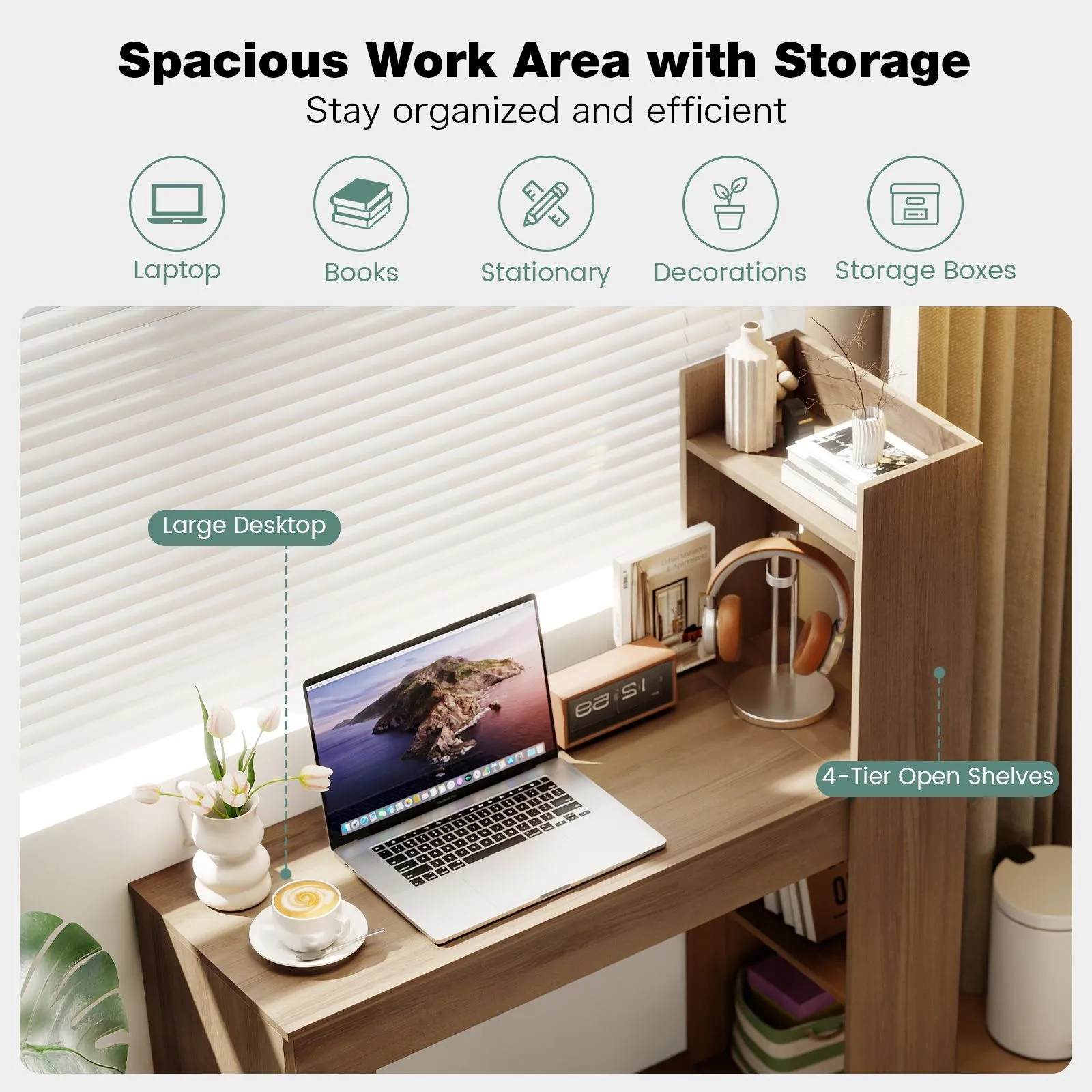 Costway Home Office Desk 110 CM Study Writing Table with Bookshelf in Light Oak 6