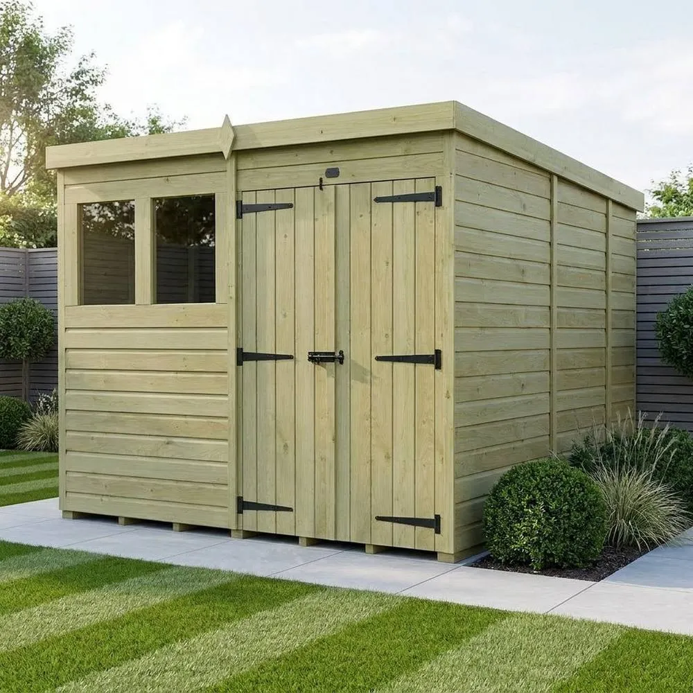 Buttercup Farm 8ft x 9ft Pent Garden Shed Double Door With Windows - Timber in Brown 2