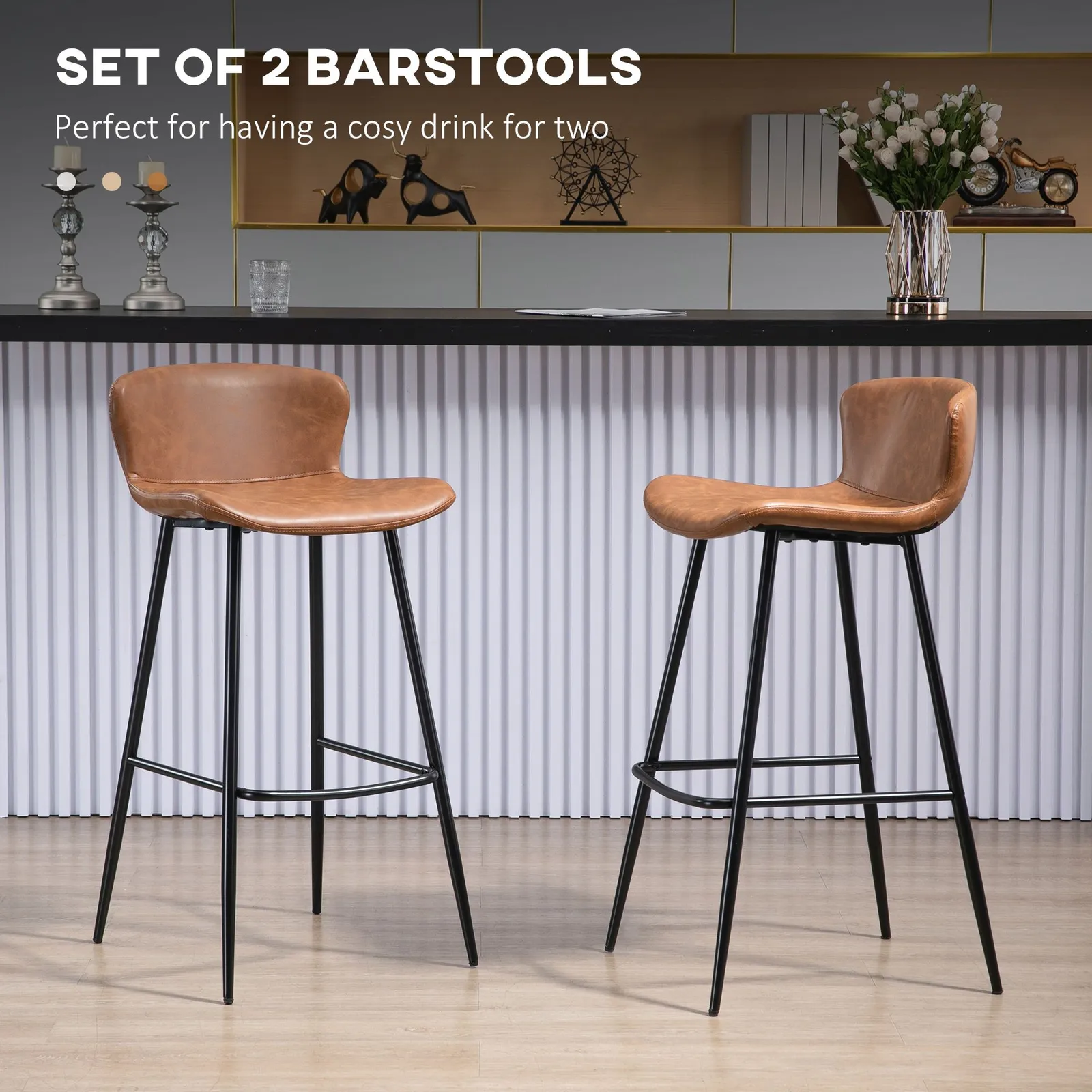 HOMCOM Bar Stools Set of 2 PU Leather Upholstered Kitchen Stools with Back in Brown 4