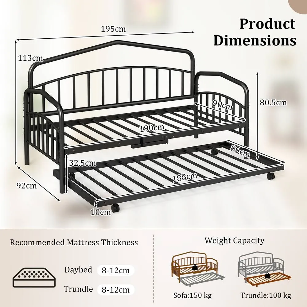 Costway Single Daybed with Rolling Pull Out Trundle No Box Spring Needed in Black 2
