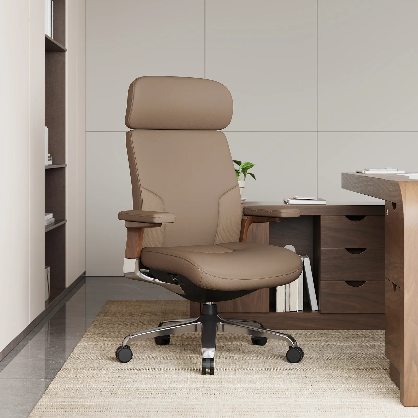 Khaki Genuine Leather Swivel Office Chair with Ergonomic Synchro-Tilt Recline System