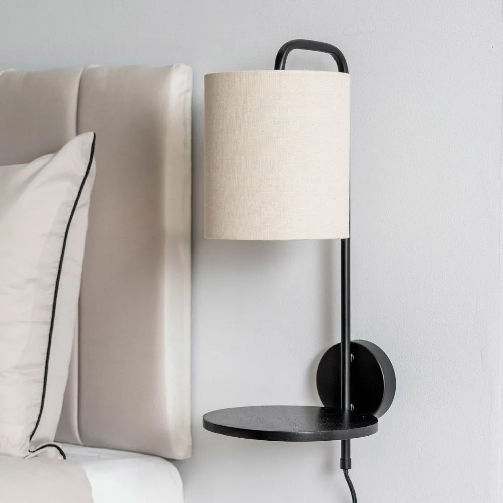 ValueLights Ryan Natural Linen Lamp Shade Black Metal Wall with Black Wood Shelf 5