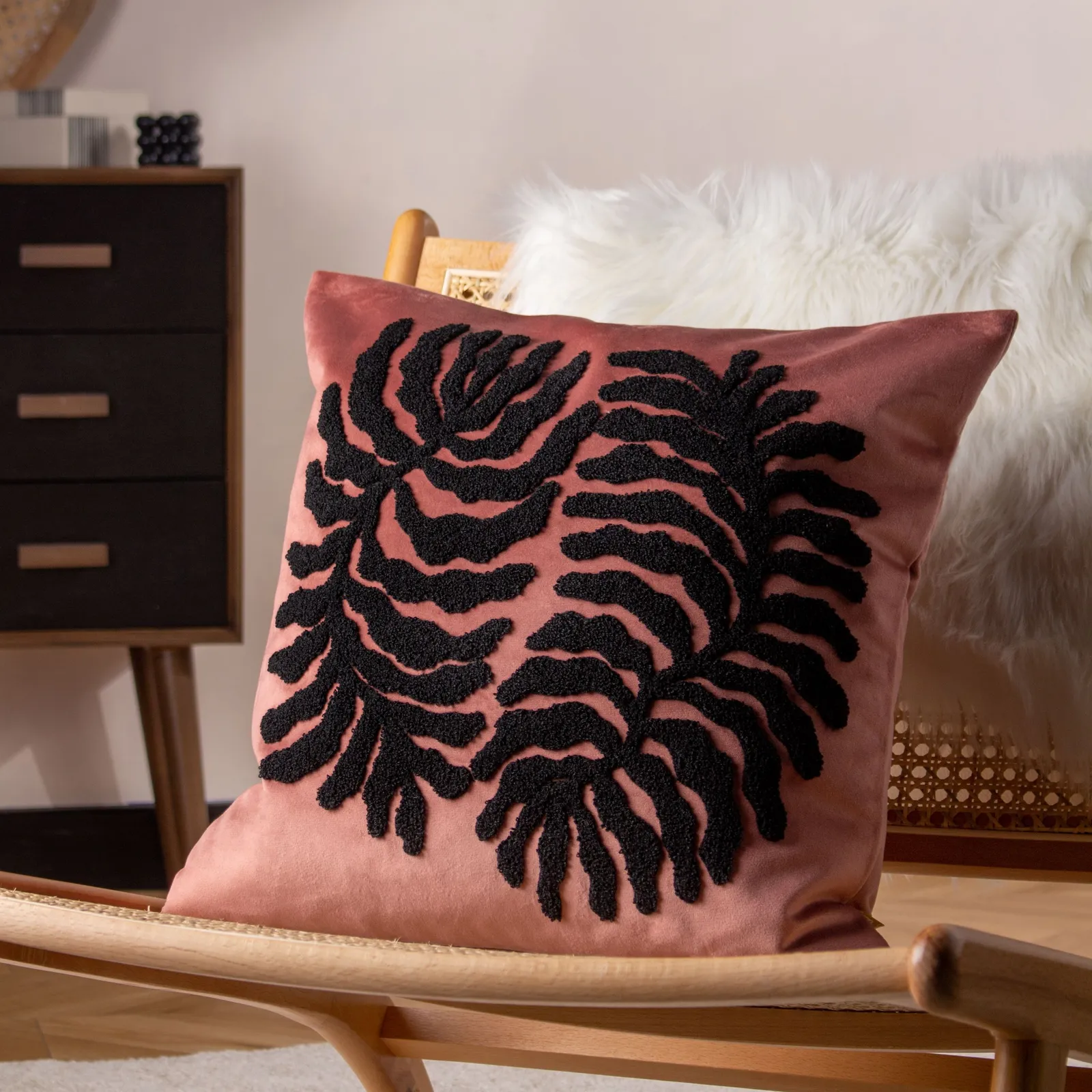 Furn Maldive Botanical Velvet Tufted Cushion in Rose Gold