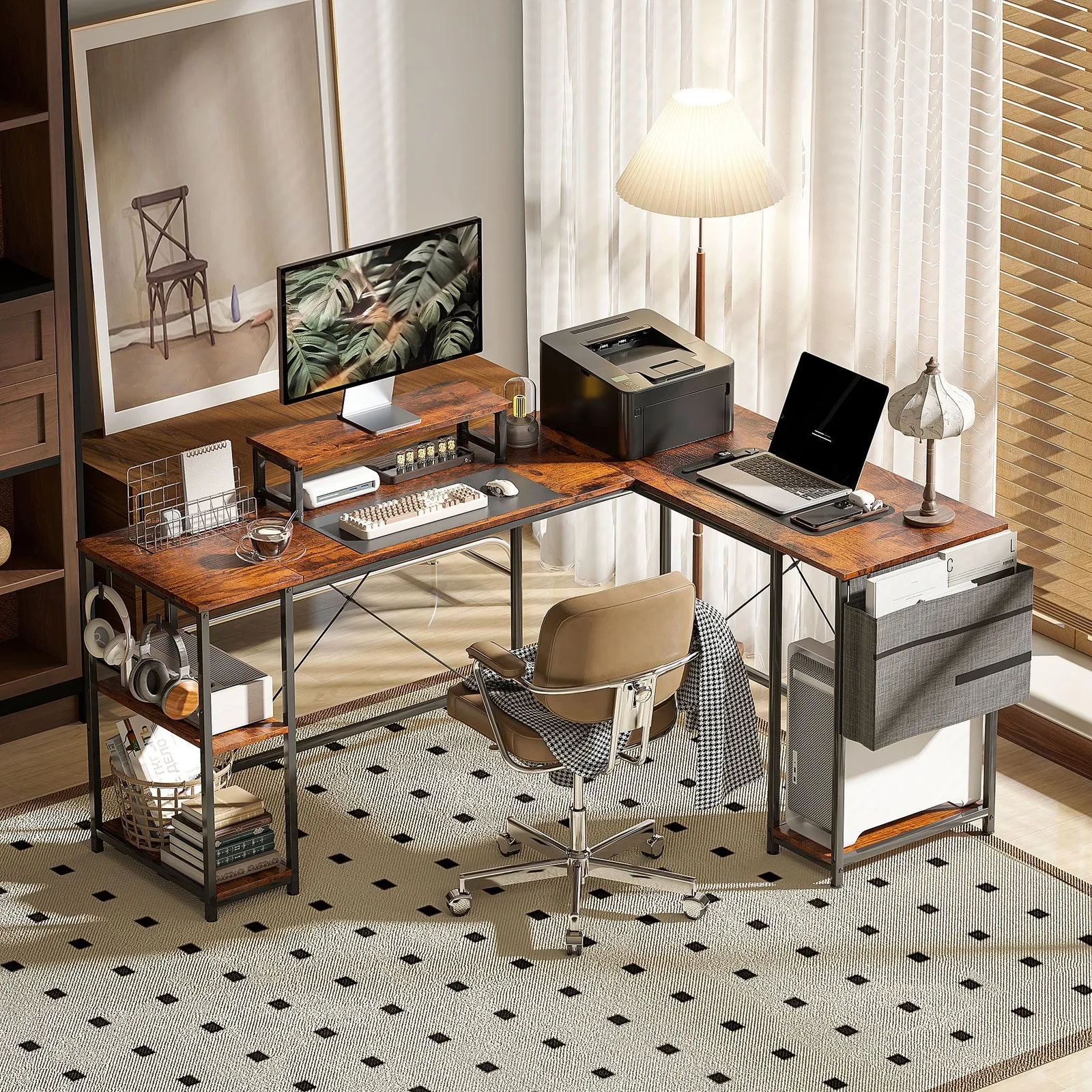 HOMCOM 168cm Reversible L Shaped Desk, 240cm Two Person Desk in Brown