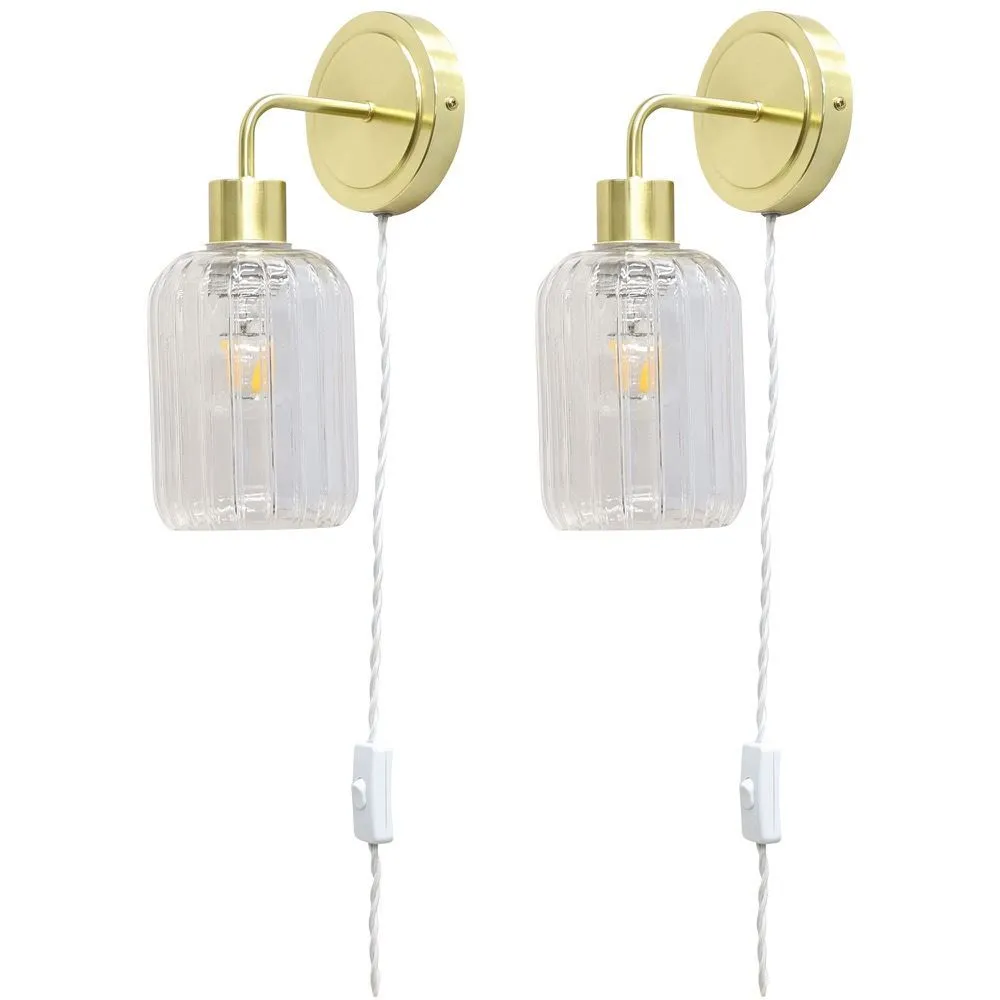 First Choice Lighting Set of 2 Toby - Satin Brass Plug in Wall Lights Ribbed Glass Shades in Gold