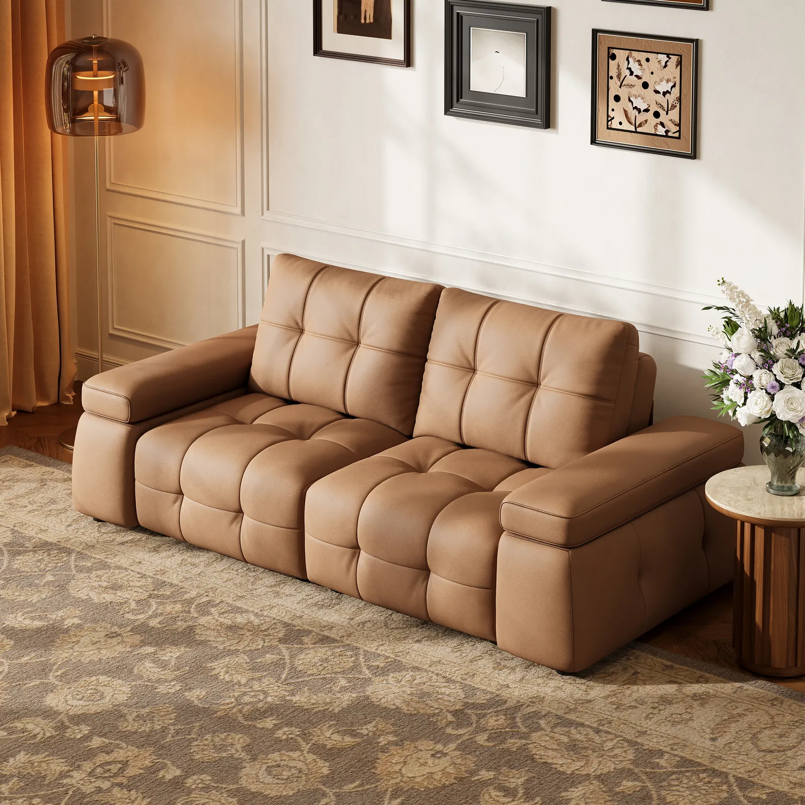 243cm 2-Seater Real Leather Power Convertible Sleeper Sofa with adjustable armrests