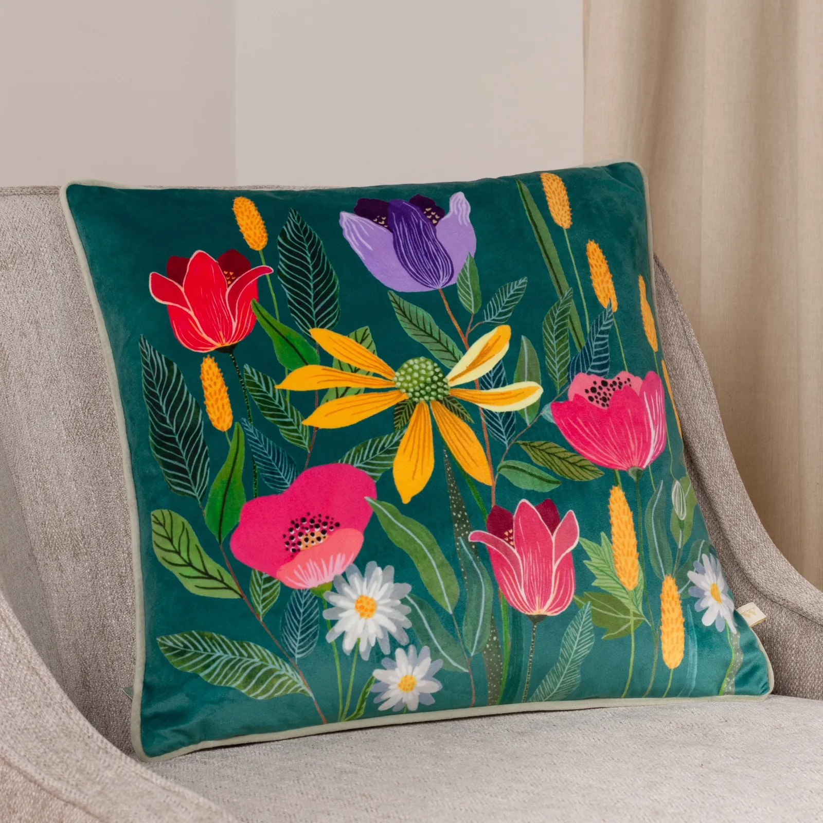 Wylder Nature House of Bloom Celandine Piped Cushion in Teal