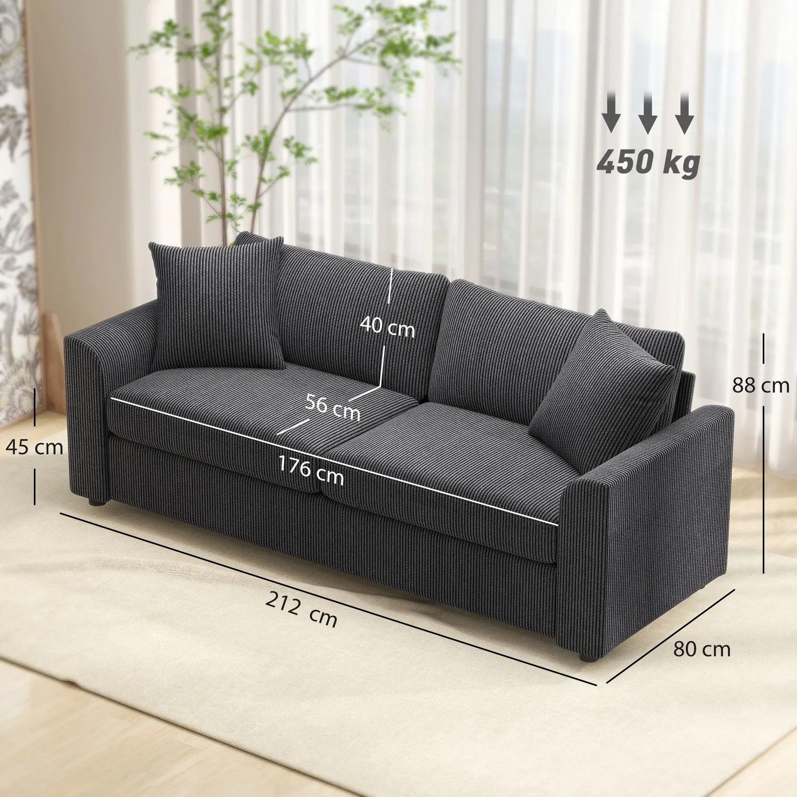 HOMCOM 212 cm Upholstered Jumbo Cord Sofa Couch with Spring Cushion, Grey 3