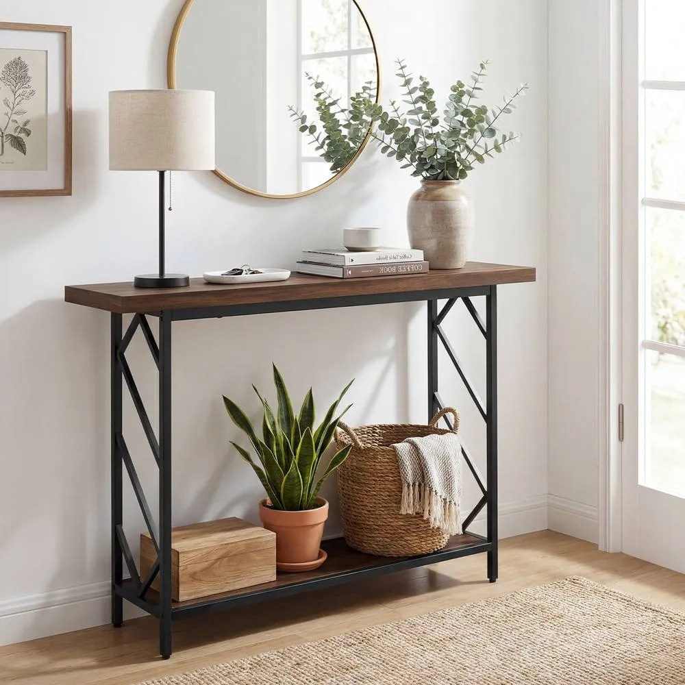 Costway 120CM Narrow Console Table 2-Tier Entryway Table W/ Storage Shelf in Brown 3