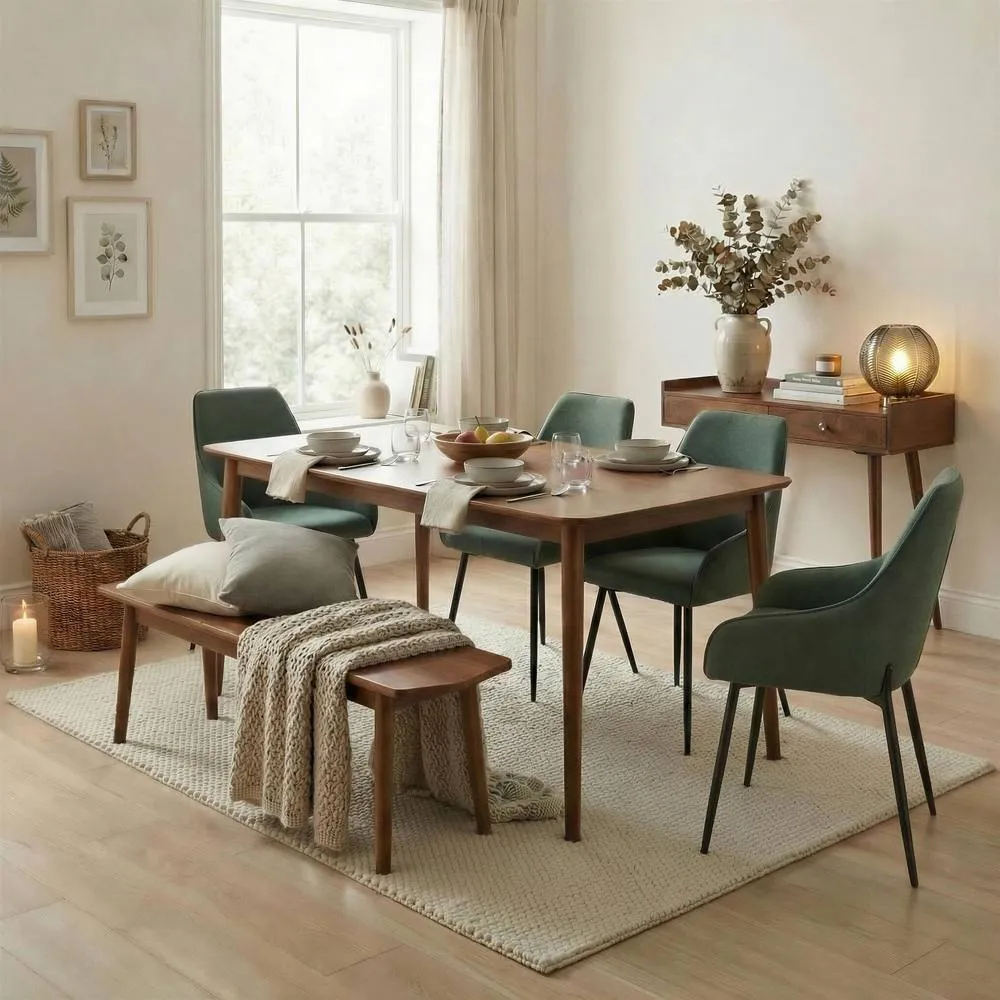 FurnitureboxUK Lynton Large Walnut Effect Wood Dining Table & 4 Green Chairs & Bench