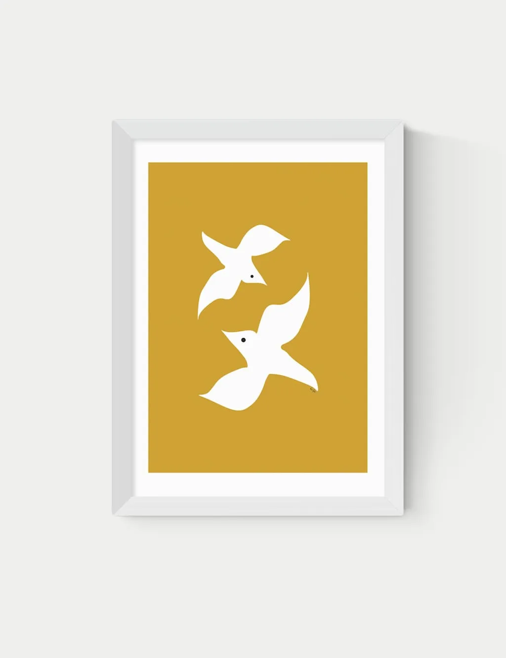 East End Prints Love Birds in Mustard Framed Art Print White