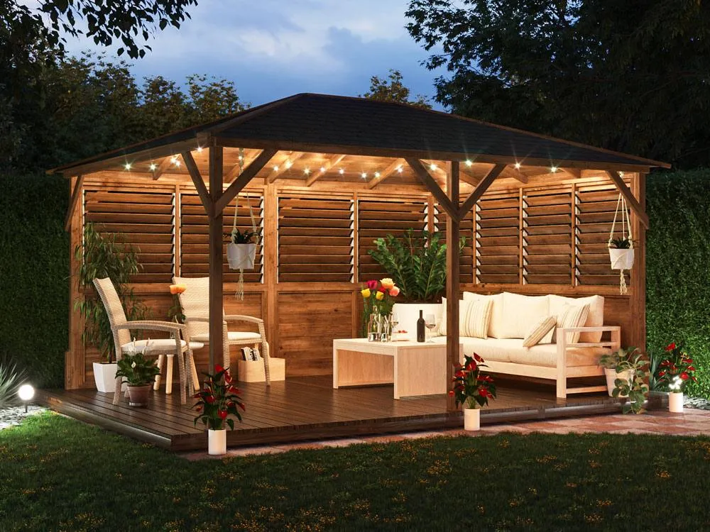 Dunster House Wooden Gazebo with Louvre Wall & Shingles 4m x 3m - Utopia in Brown 2