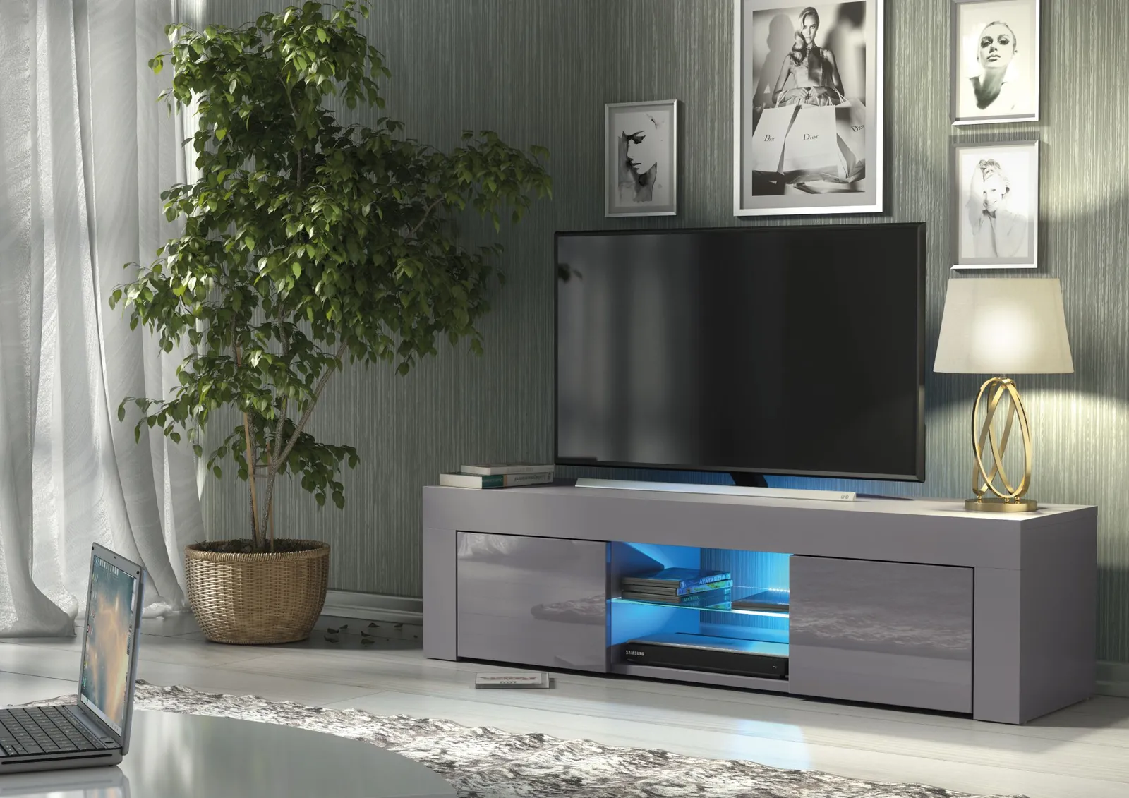 Creative Furniture Loom TV Unit 130cm - A Minimalist & Sophisticated Cabinet with Gloss Doors & LED Lights in Dark Grey 5