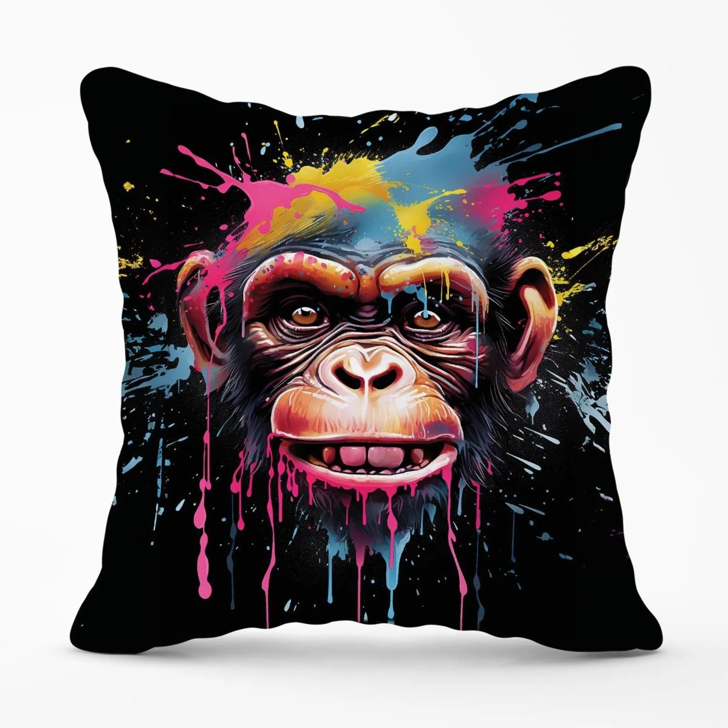 Warren Reed - Designer Multi Coloured Monkey Face Splashart Outdoor Cushion in Blue