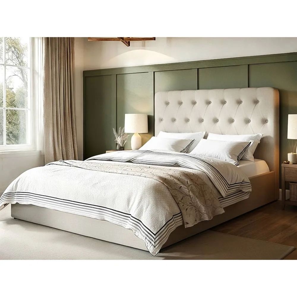 Flair Marley Buttoned Headboard Ottoman Bed Beige Linen