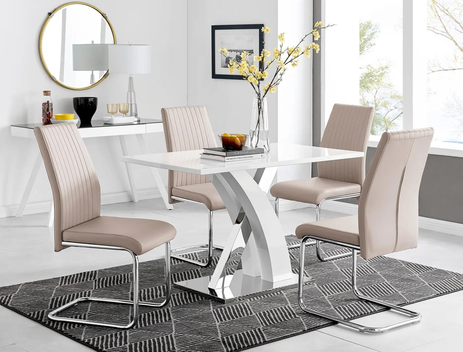 FurnitureboxUK Atlanta White High Gloss & Chrome 4 Seater Dining Table with X Shaped Legs & 4 Faux Leather Lorenzo Chairs in Beige