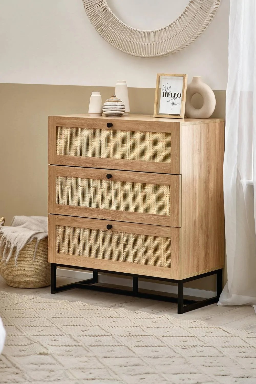Julian Bowen Padstow Rattan 3 Drawer Chest in Light Oak