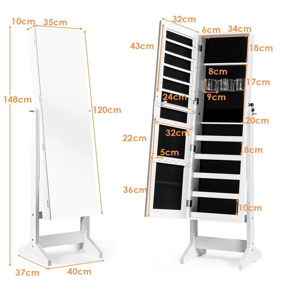 Costway Jewelry Cabinet Free Standing Jewelry Armoire w/Full-Length Mirror in White 4