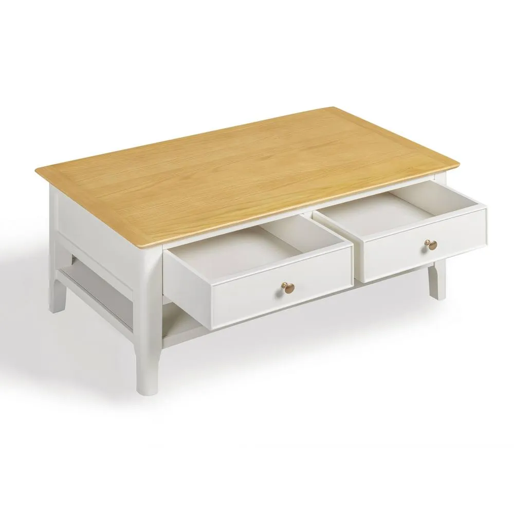 FurnitureboxUK Belle 2 Drawer Rectangular Solid Oak Wood & Cream Coffee Table 4