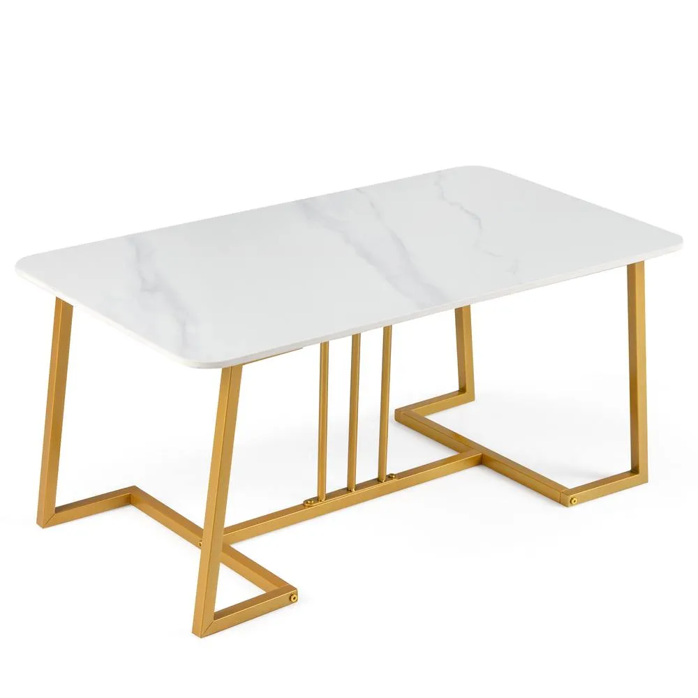Costway Coffee Table 90 cm Faux Marble Rectangular Center Table White & Gold