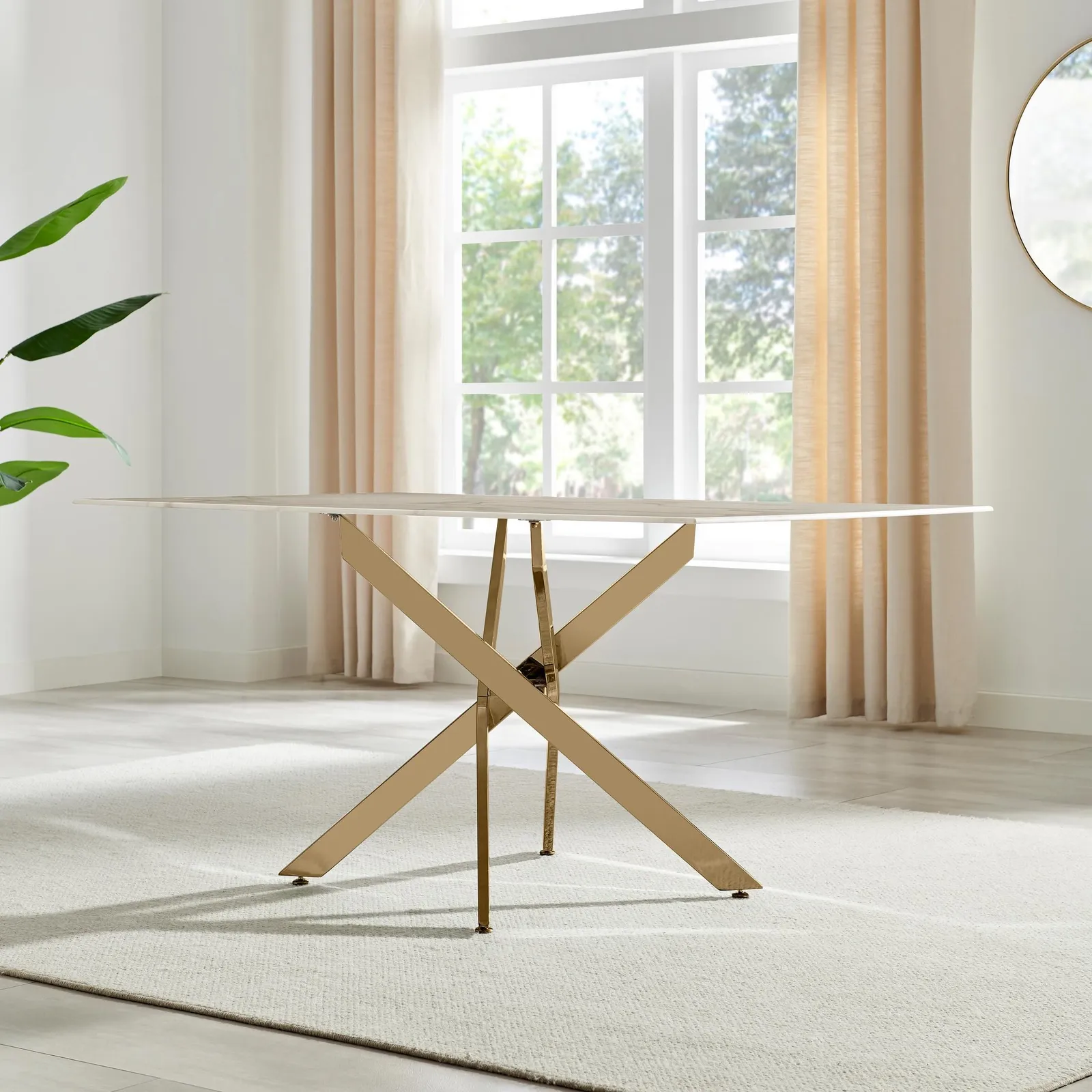 FurnitureboxUK Leonardo 6-Seater Dining Table With Marble Effect Glass Top & Gold Metal Legs in White 3