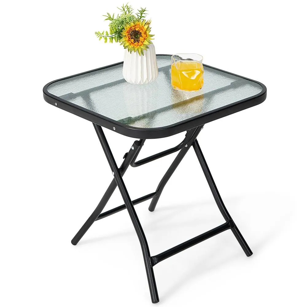 Costway Folding Square Patio Bistro Table Tempered W/ Glass Tabletop Outdoor Coffee Table in Black