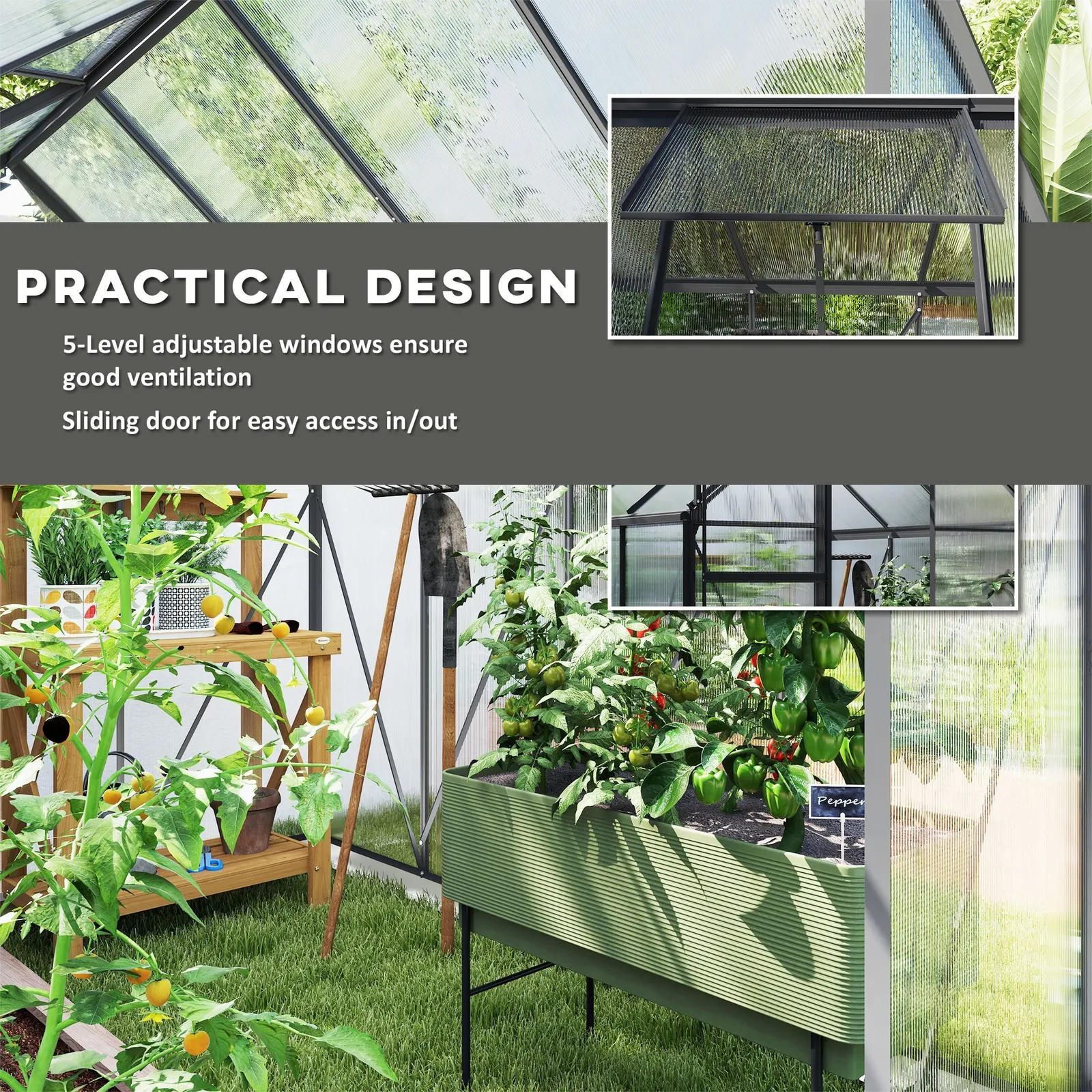 OUTSUNNY Polycarbonate Walk-in Garden Greenhouse w/ Sliding Door Dark Grey 6