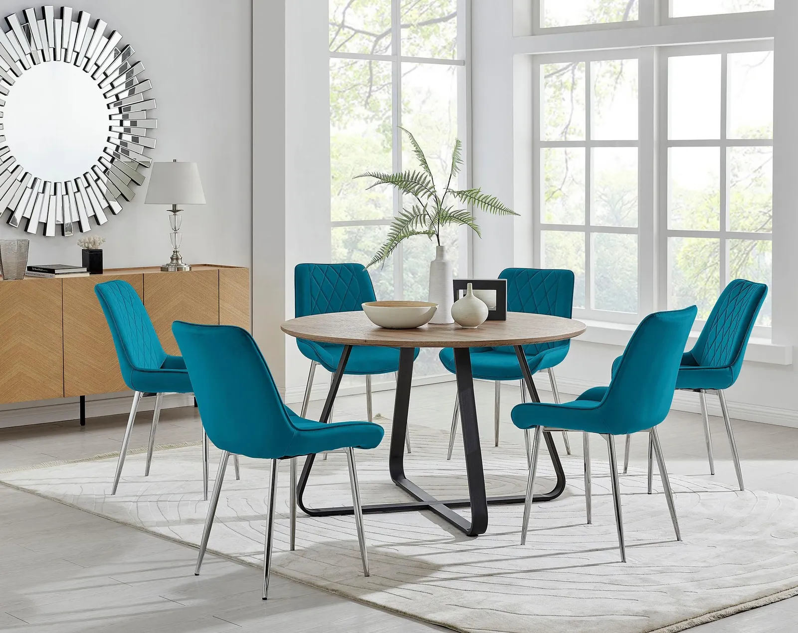 FurnitureboxUK Santorini Brown Round Dining Table & 4/6 Pesaro Silver Leg Chairs in Blue 1
