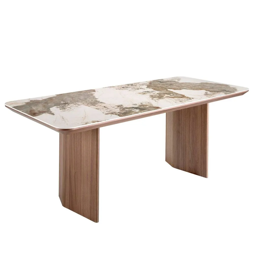 Angel Cerda Rectangular Porcelain Marble Dining Table with Walnut in White