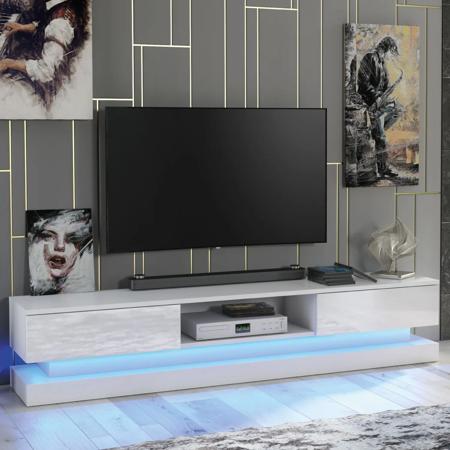 Creative Furniture Bloom TV Unit 180cm - A Functional & Contemporary Cabinet with Gloss Doors & LED Lights in White 5