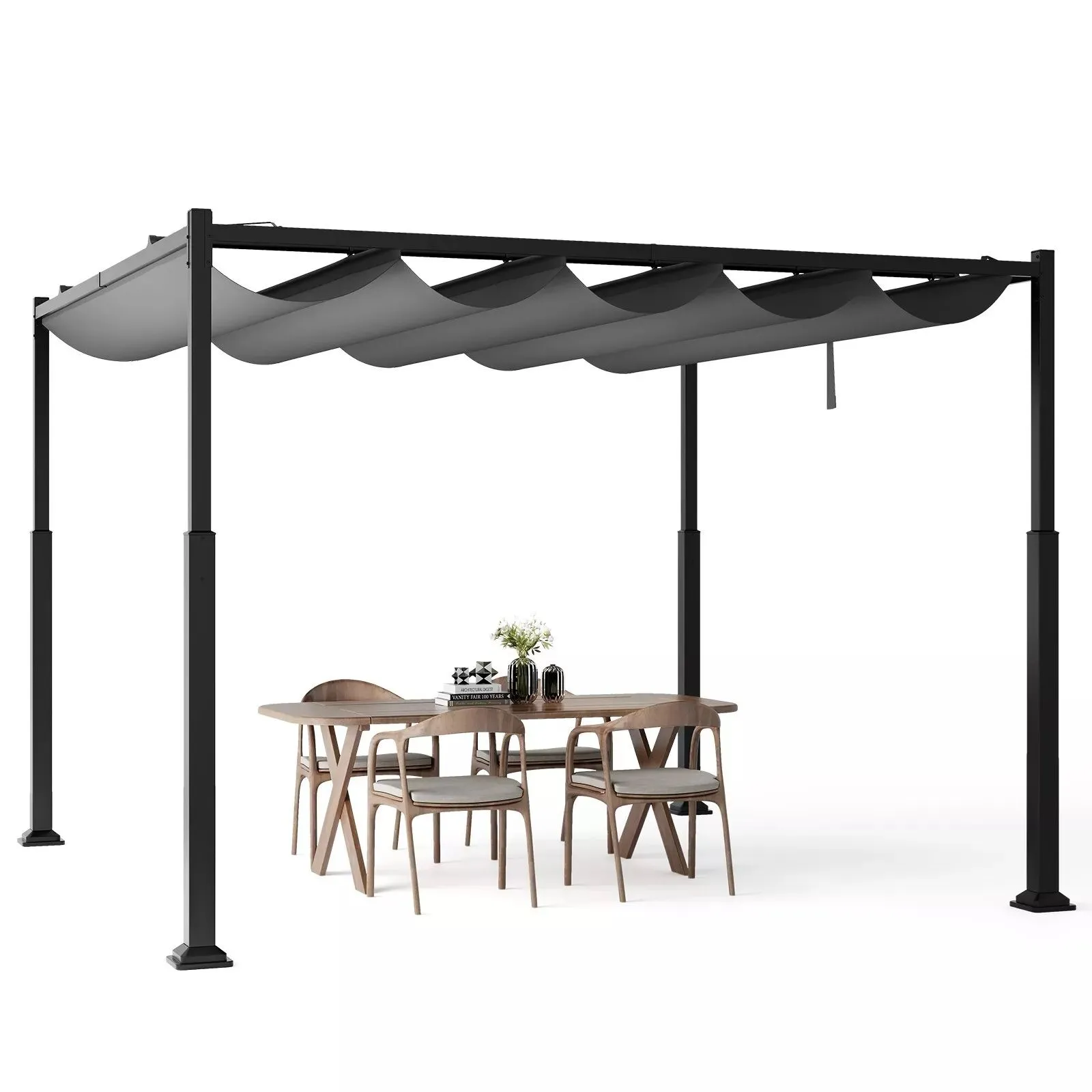 Costway 310x310cm Outdoor Pergola Heavy-Duty Metal Columns w/ Retractable Canopy in Grey