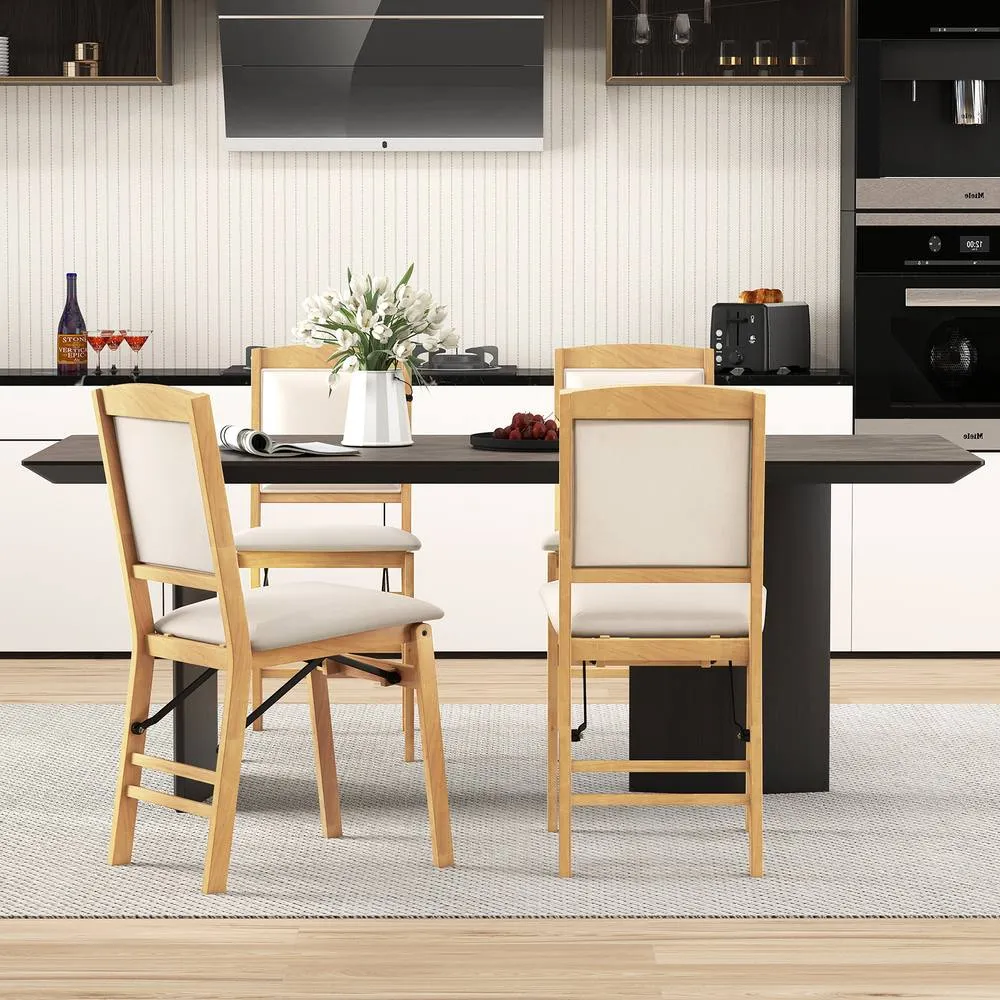 Costway 2PCS Folding Bar Stools Wooden Padded Kitchen Dining Chairs w/Backrest in Cream 6