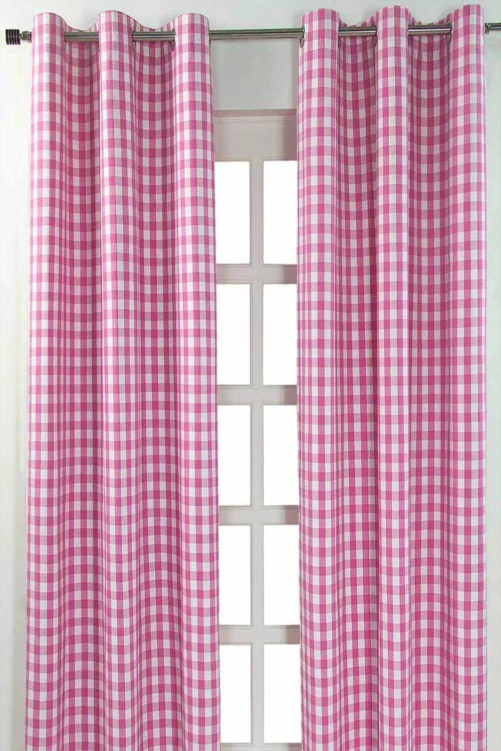 Homescapes Cotton Block Check Gingham Eyelet Curtain Pair in Pink 1