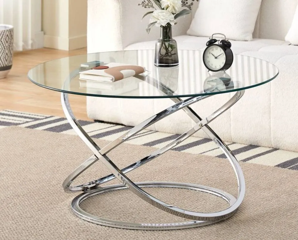 Comfy Living Ltd Round Abstract Tempered Glass Coffee Table Chrome Effect in Silver