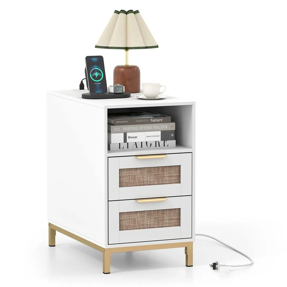Costway Narrow End Table with Charging Station in White