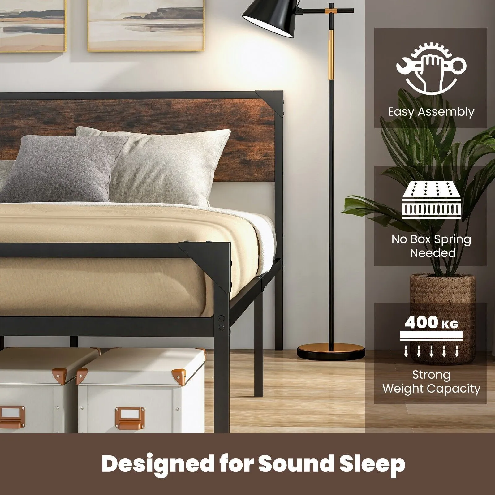 Costway King Bed Frame Industrial Metal Platform Bed with Headboard & Footboard in Brown 4