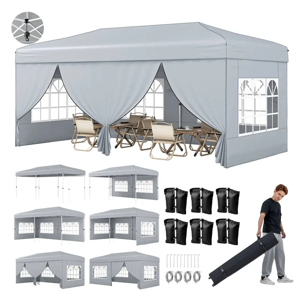 Costway 300 X 600cm Pop up Canopy Tent Patio Sunshade Shelter w/ 6 Sidewalls in Grey 2