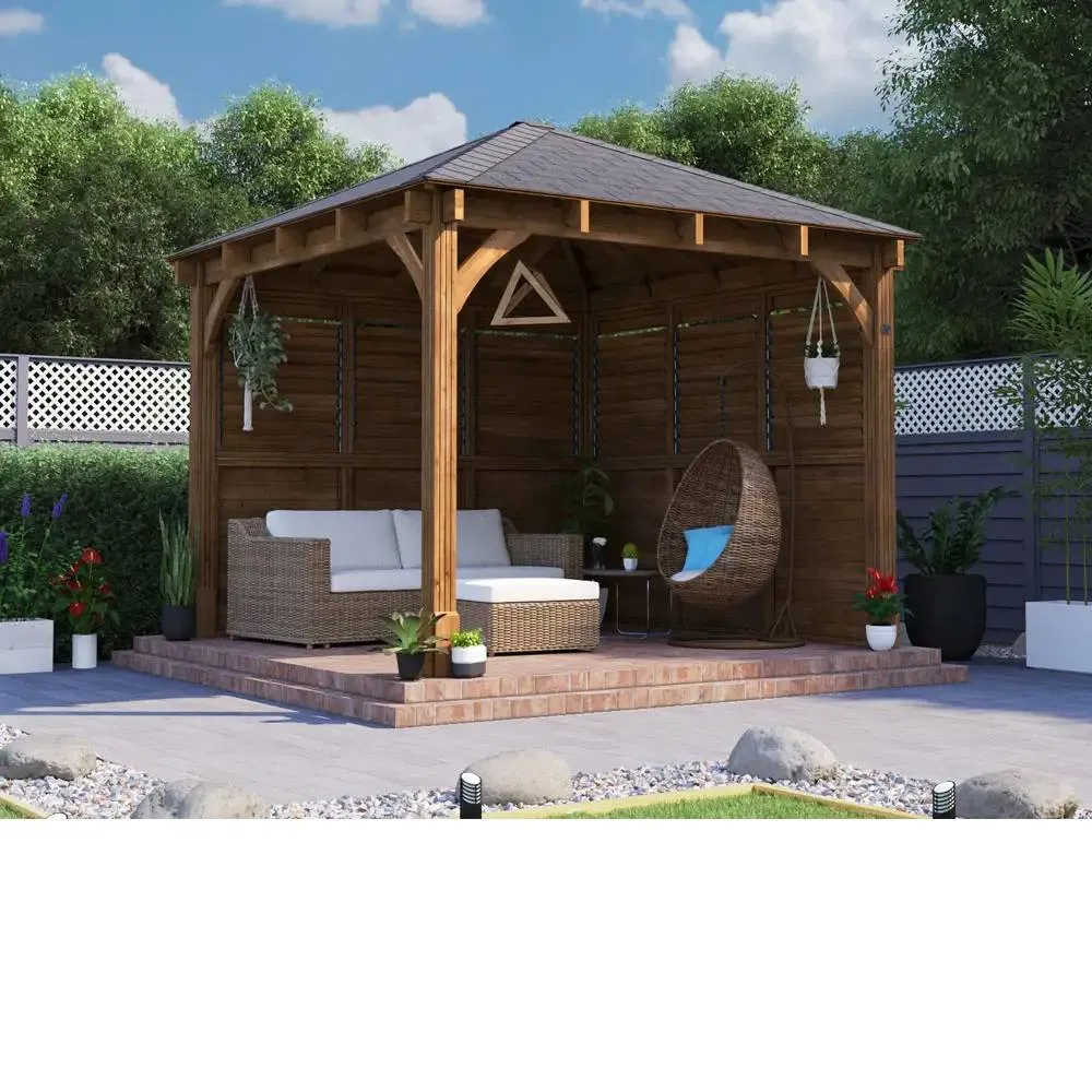 Dunster House Wooden Gazebo Kit 3x3m with Louvre Wall Heavy Duty Pro, Leviathan in Brown 2