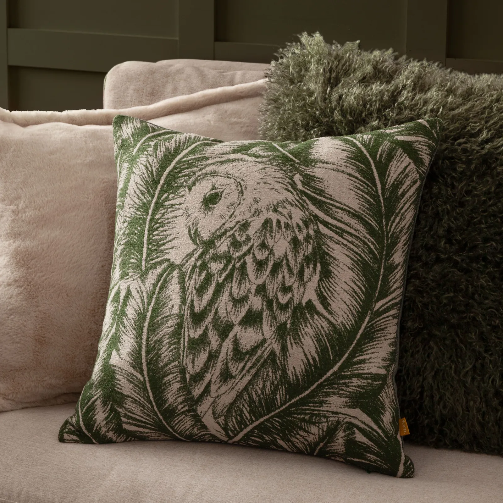 Wylder Nature Albus Barn Owl Floral Cushion in Green