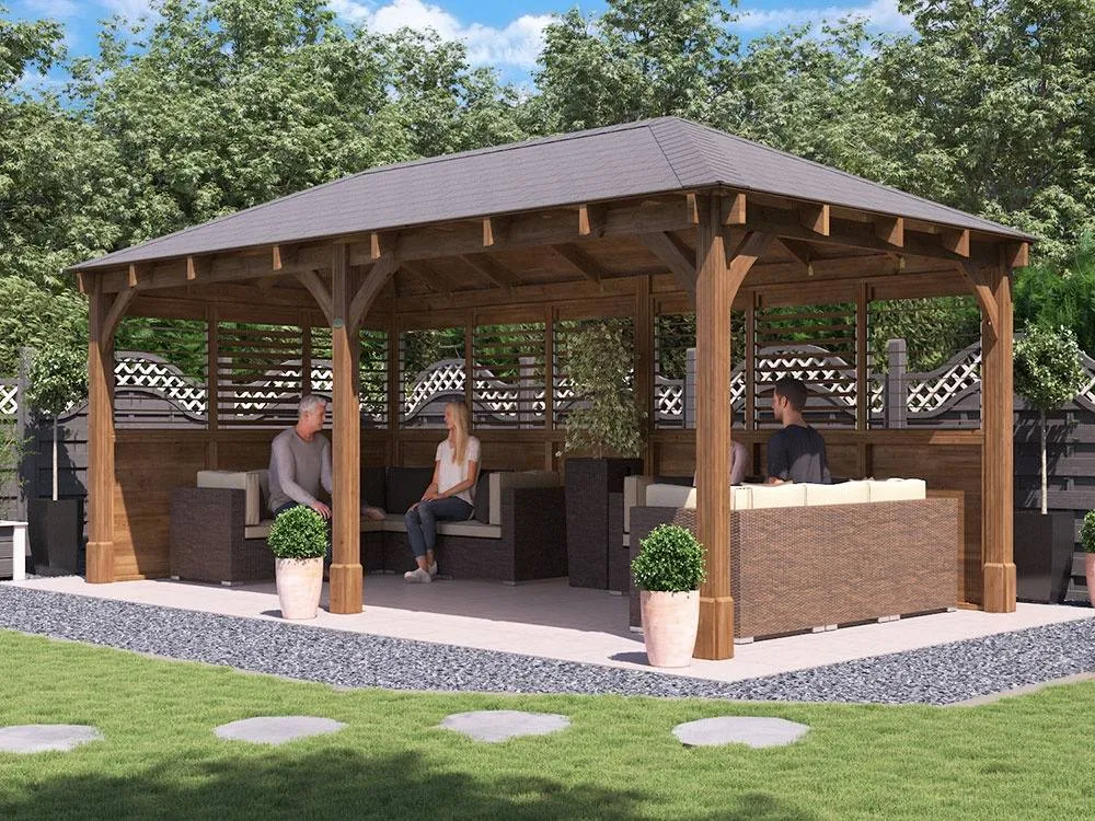 Dunster House Wooden Gazebo Kit with Louvre Wall & Shingles 6m x 3m - Leviathan in Brown 2
