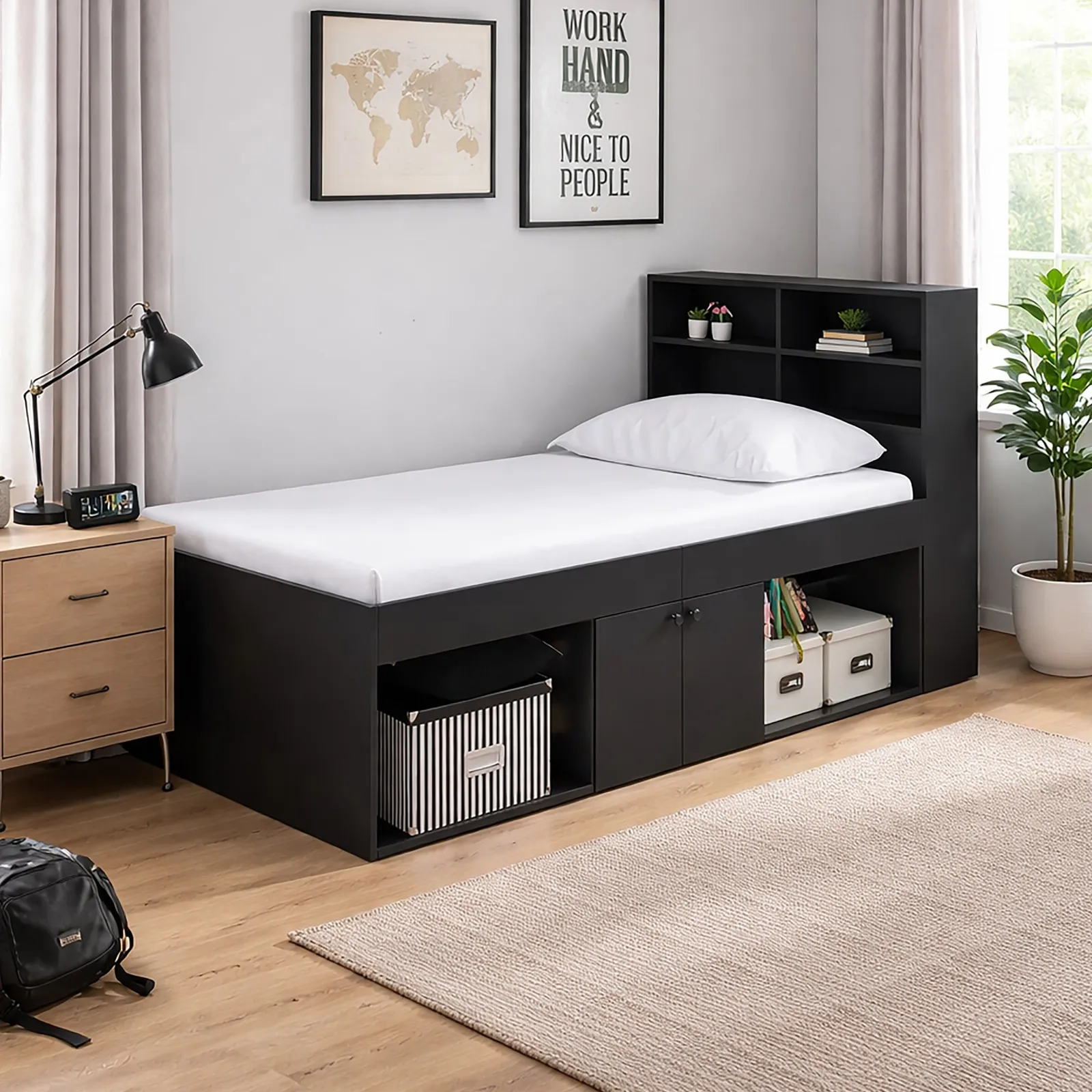 Arctic - Single - Cabin Bed with Open Storage, 2-Door Cupboard and Bookcase Headboard - Black - Wooden - 3ft 1