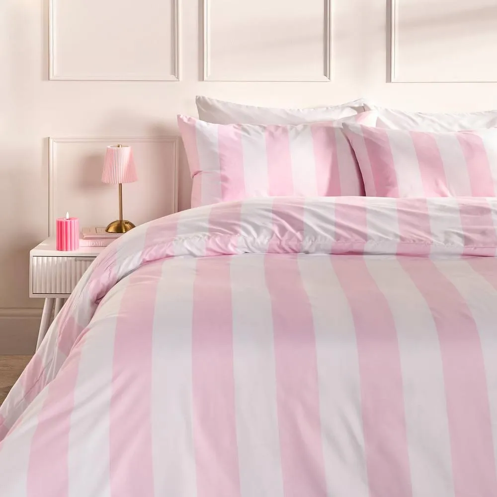 OHS Vertical Stripe Microfibre Bedding Duvet Cover Set with Pillowcase in Pink